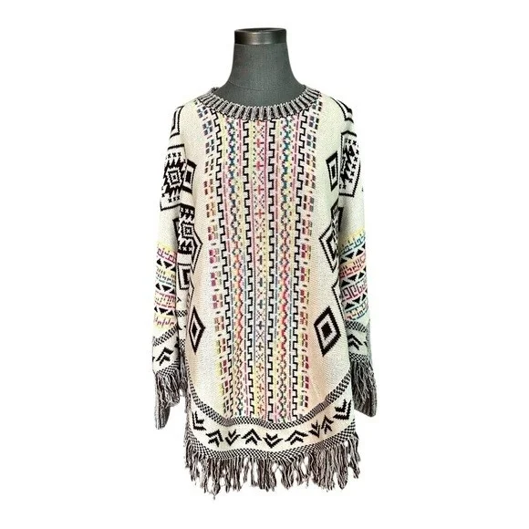 Women's Geometric Tribal Aztec Rainbow Fringe Poncho Tan Knit One Size Excellent - Picture 3 of 4